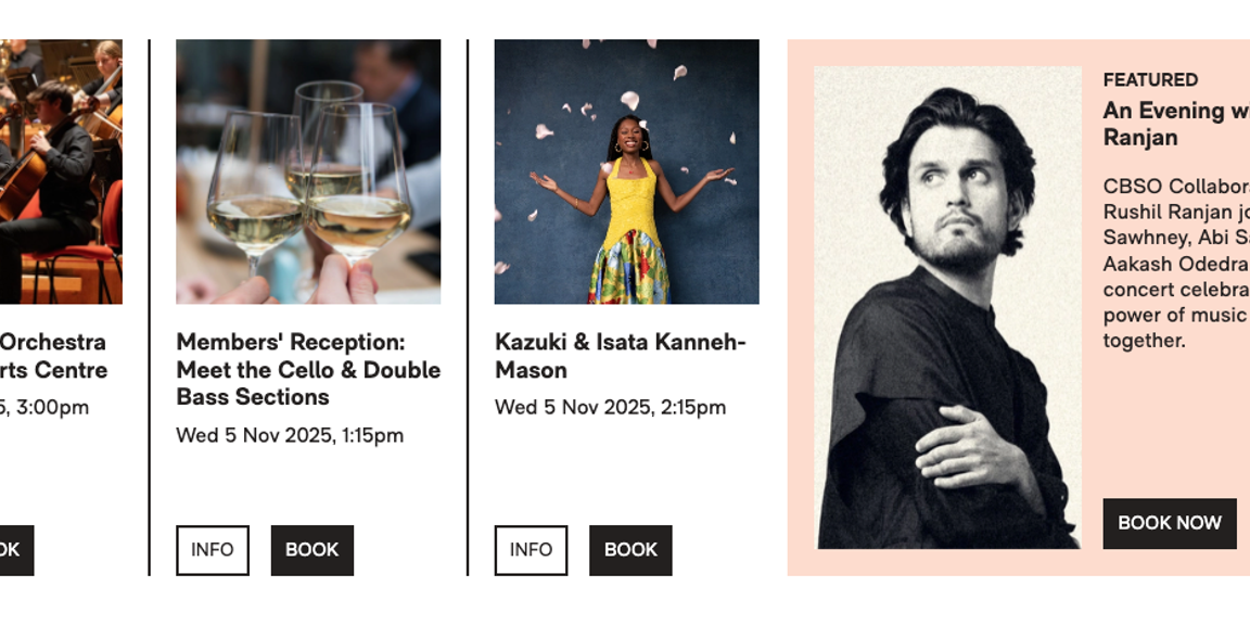 4x event cards in a row, with each showing an image, a large event title, beneath that a date and time, then 'Info' and 'Book' buttons. One event is 'Featured', so it's sat on a coloured background it make it stand out from the others