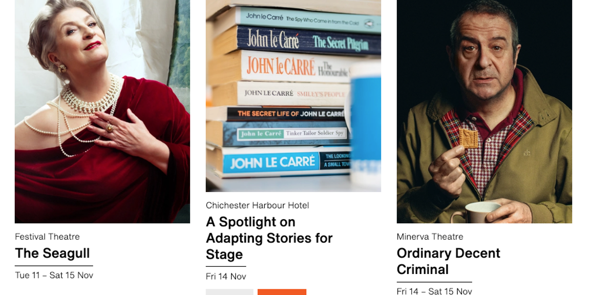 3x event cards in a row, with each showing an image, the venue below that, a larger event title, and beneath that the date. One event is 'selected', so 'More info' and 'Book now' buttons are also displayed.