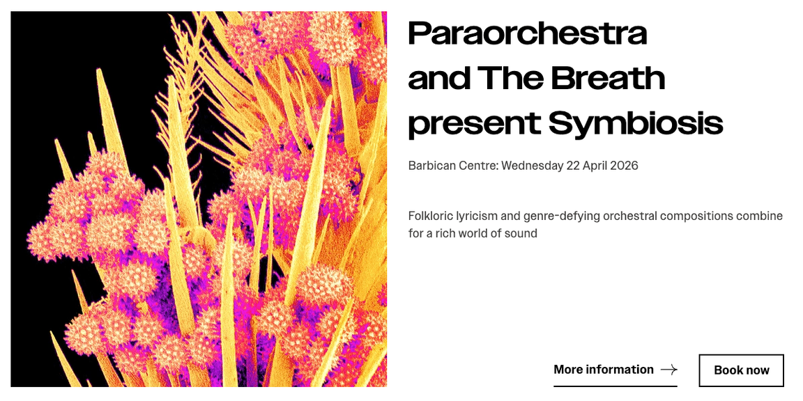 An 'event card' displays an image, an event title, below that venue and date, and bottom right sit 'More information' and 'Book now' buttons