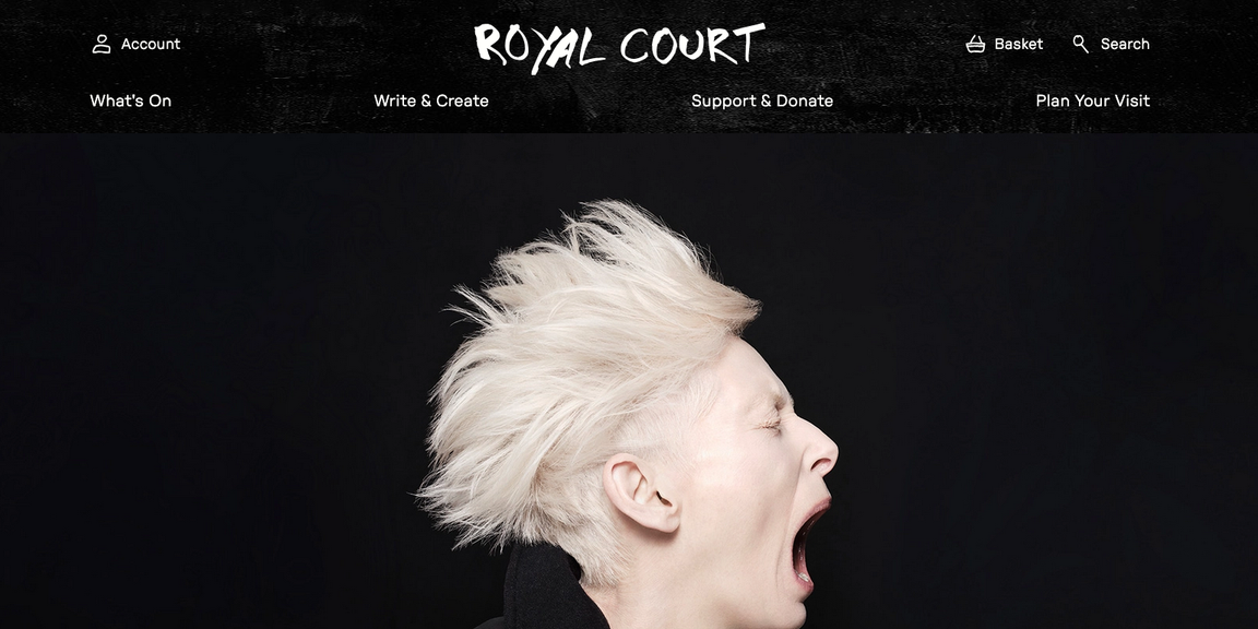 Website screengrab – on a black background sits a white, hand-drawn, uppercase ROYAL COURT logo. Underneath: "What's On" "Write & Create" "Support & Donate" "Plan Your Visit". Under that, in profile and wearing a black jacket, is Tilda Swinton. Her short, white-blonde hair is swept to the left as she faces to the right, seemingly screaming – eyes tightly closed, head stretched forward, and mouth wide.