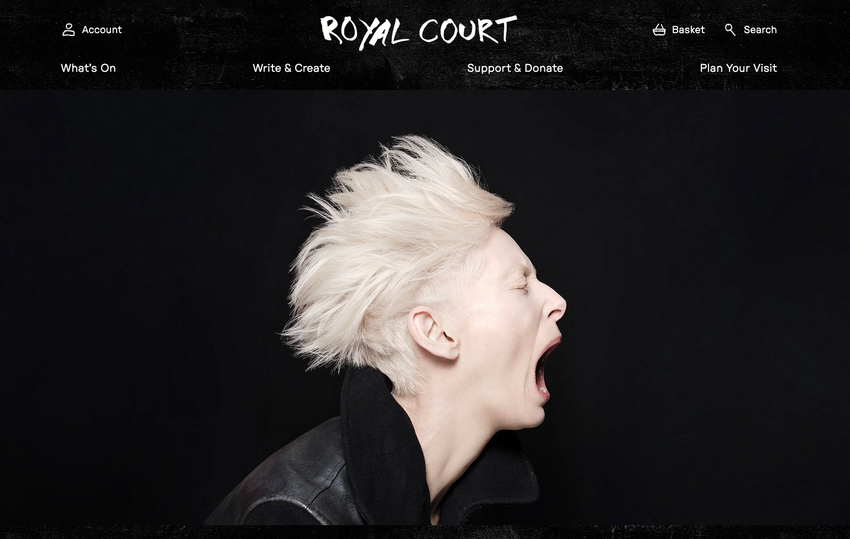 Website screengrab – on a black background sits a white, hand-drawn, uppercase ROYAL COURT logo. Underneath: "What's On" "Write & Create" "Support & Donate" "Plan Your Visit". Under that, in profile and wearing a black jacket, is Tilda Swinton. Her short, white-blonde hair is swept to the left as she faces to the right, seemingly screaming – eyes tightly closed, head stretched forward, and mouth wide.