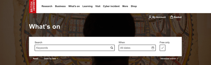 Cropped screengrab of a rather 'busy' looking What's On event filter – the main element being a field to search by Keyword, another field for dates, and a checkbox for 'Free' events. Benath that, very small text buttons read 'Reset', 'Order by date', and 'Advanced search'