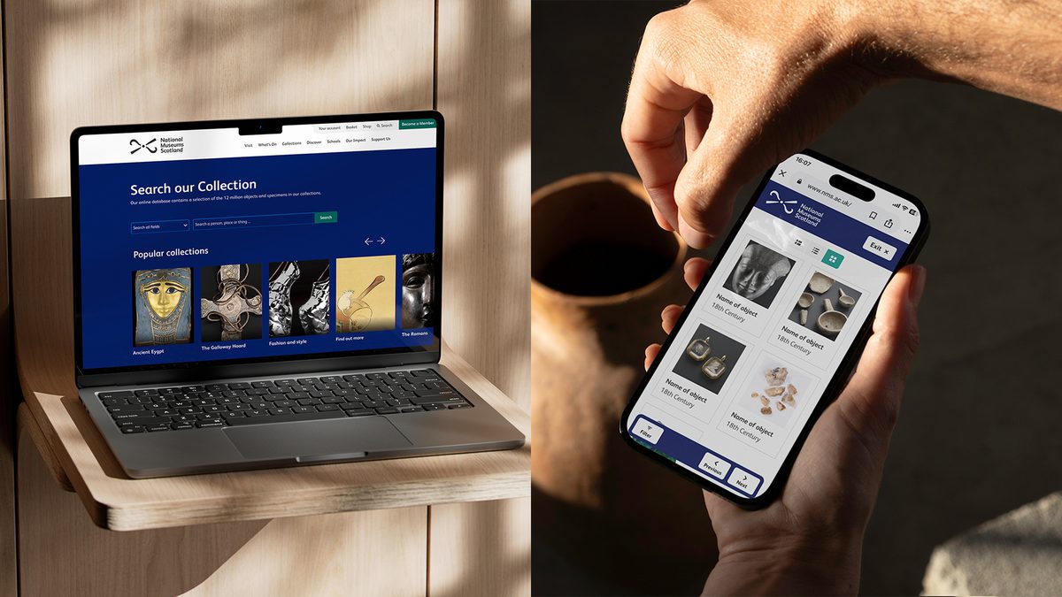 'Search the Collections' website page on a laptop shows a dark blue page with search field and a big 'Search' button. Underneath are big, visual links to 'Featured collections' including Ancient Egypt, and The Galloway Hoard