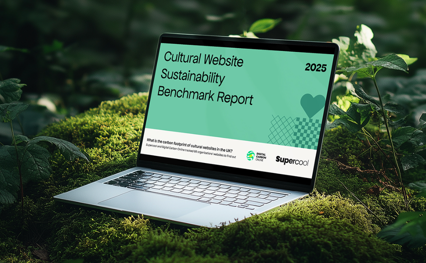 A laptop is sat, open, on a bed of moss in a verdant, light-dappled woodland. On the laptop is the cover of a report: on a green background are the words “Cultural Website Sustainability Benchmark Report 2025”. To the bottom right is the Supercool logo.