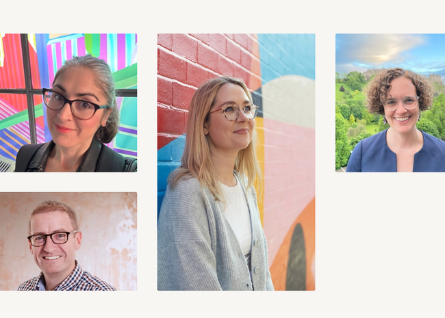 Four headshots in a montage style show: A woman in her 40s with pale skin tone, dark grey hair pulled back into a ponytail, dark rimmed glasses, a small nose-stud, and bright red lipstick. A smiling woman in her 30s with light skin tone, long blonde hair, and thin-rimmed, wide tortoiseshell patterned glasses. A man in his 40s with pale freckled skin, short red hair, with dark rimmed specs and a friendly smile. A smiling white woman in her 40s with short, curly brown hair and transparent-rimmed glasses.