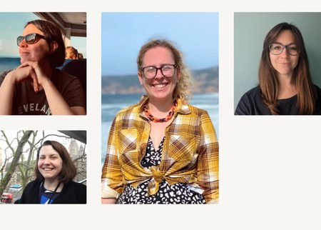 Grid of 4 images. Top left: Kate with short cropped hair, light skin, and sunglasses. Beneath her, Alison with a brown bob and smile, in front of a leaf-less tree with the houses of parliament behind her. A large portrait image of Rebecca who's stood by a coastline and is wearing a yellow checked shirt and dark rimmed glasses, her curly blonde hair blowing in a breeze. And to the right is Karys, who's in front of a sage green wall. She has long dark hair, fair skin, dark-rim glasses and a dark top.