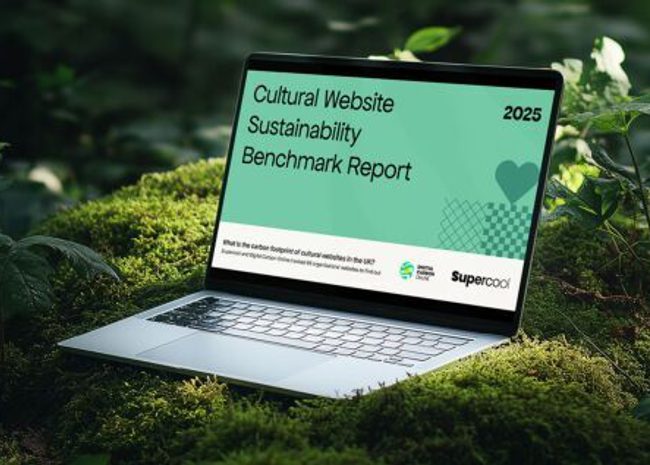 A laptop is sat, open, on a bed of moss in a verdant, light-dappled woodland. On the laptop is the cover of a report: on a green background are the words “Cultural Website Sustainability Benchmark Report 2025”. To the bottom right is the Supercool logo.