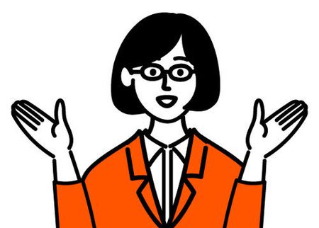 Simple illustration of a smiling woman with a short, dark bob, dark specs, and wearing an orange blazer. She has her arms raised and hands outstretched as if to say "ta-da!"