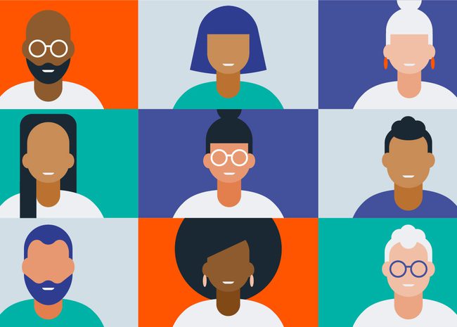 Illustrated grid of 9 abstract person-like shapes - depicting different ethnicities and genders