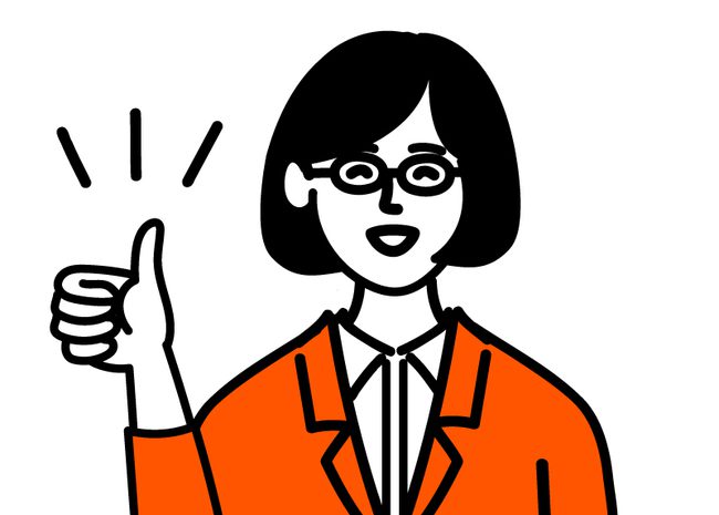 Drawing of a woman (with a short black bob haircut, glasses and an orange jacket) giving us a thumbs-up and a big smile