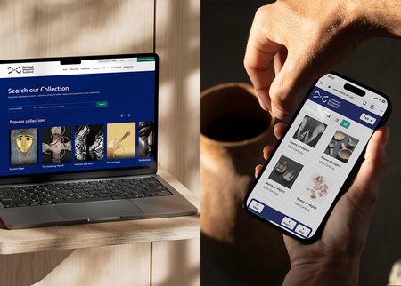 'Search the Collections' website page on a laptop shows a dark blue page with search field and a big 'Search' button. Underneath are big, visual links to 'Featured collections' including Ancient Egypt, and The Galloway Hoard